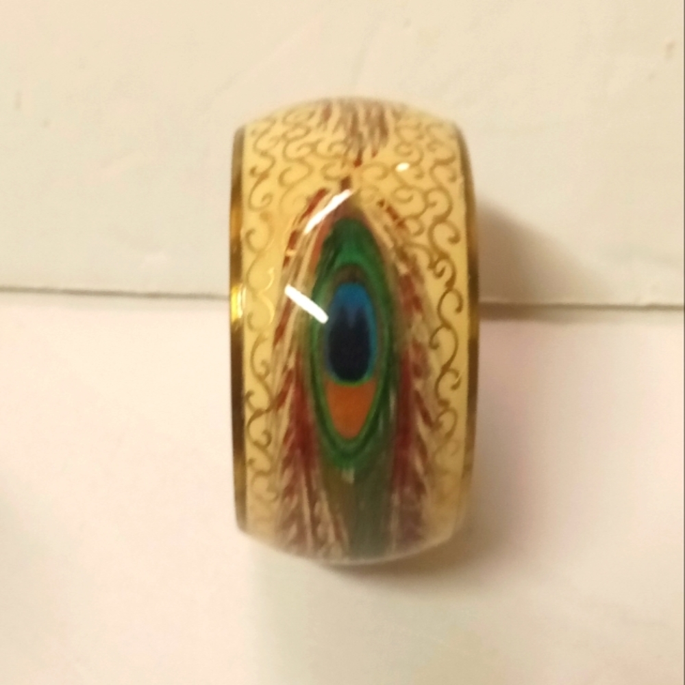 Vintage Peacock Bangle Bracelet Feathers Brass Gold Tone Enamel Unique